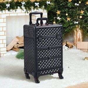 New Rolling Makeup Train Case with Drawers, Nail Tech Travel Organizer - Black